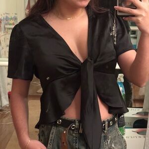 Women’s Black Satin Tie-Front Blouse